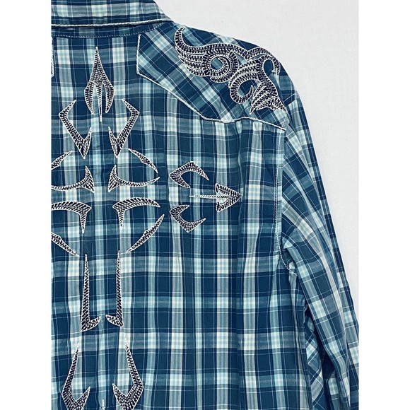 Austin Season Men's Embroidered Blue Plaid Long Sleeve Button Up Western Shirt L - Picture 10 of 14
